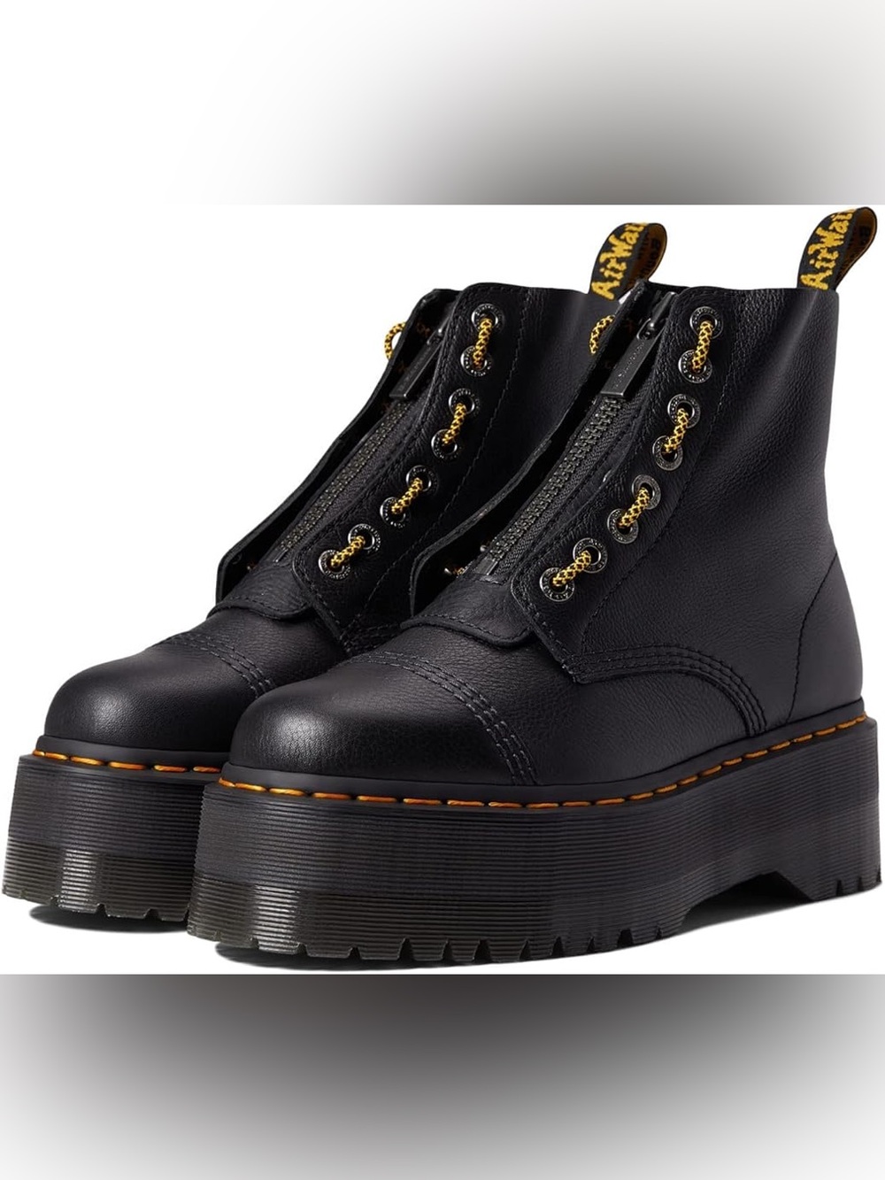 Dr. Martens Sinclair Black Leather Platform Ankle Boots with Yellow Stitching